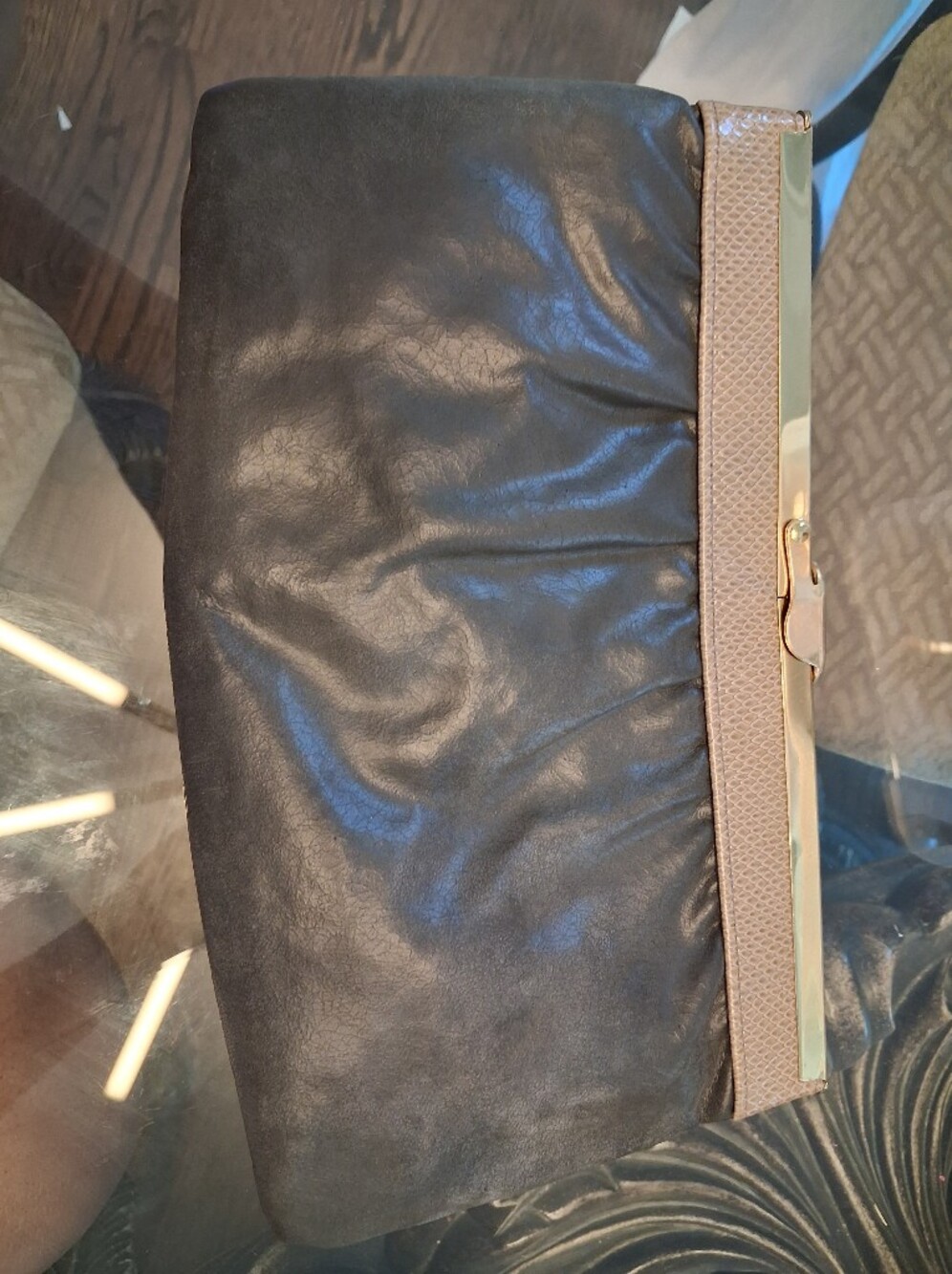Black Leather Clutch with Taupe Trim